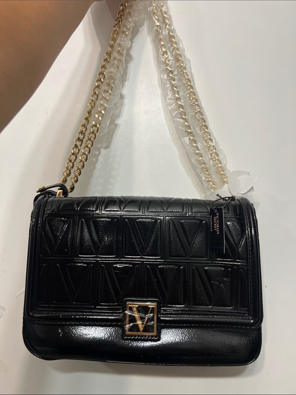 Victoria Secret Black Quilted Patent Chain Shoulder Bag